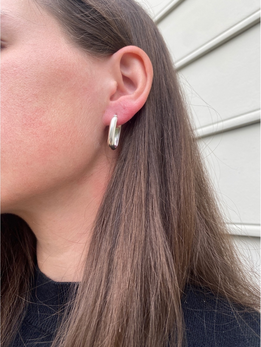 Vintage Sterling Silver Thick Elongated Oval Hoop Earrings